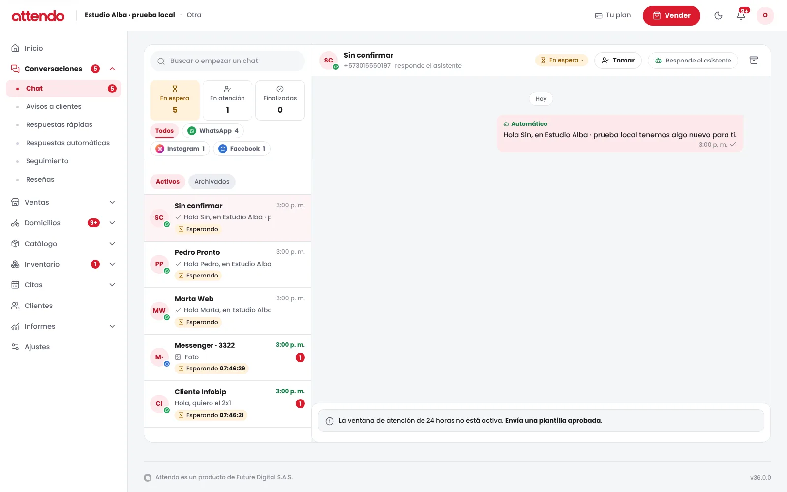 Una conversación de WhatsApp en la bandeja de Attendo
